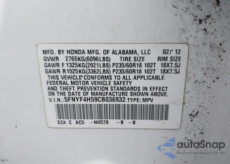 2012 Honda Pilot Ex-L from USA, damaged, VIN 5FNYF4H59CB036932